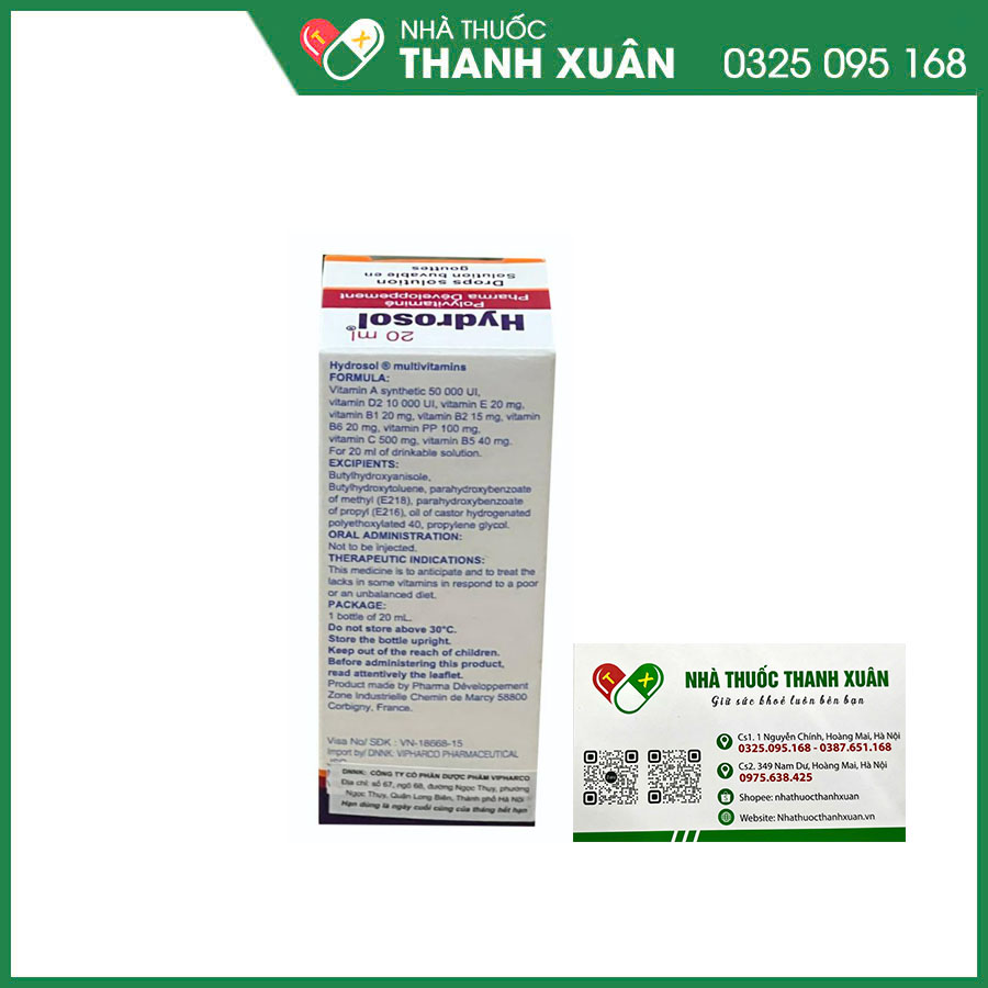 Hydrosol bổ sung vitamin trong các trường hợp thiếu vitamin, phòng ngừa hoặc điều trị các rối loạn liên quan đến chế độ ăn uống không cân bằng hoặc thiếu hụt dinh dưỡng